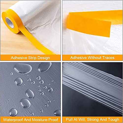 Painters Plastic With Tape, Pre-Taped Masking Film, 4 Rolls Automotive Best Tape and Drape, Paint Adhesive Protective Film Roll for Covering Skirting, Frames, Cars and Auto Body (5 X 65-Feet)