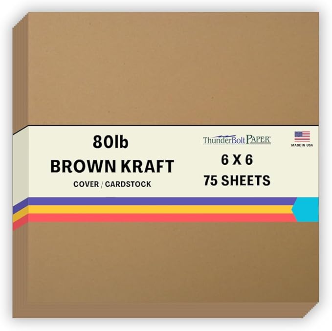 75 Brown Kraft Fiber 80# Cover Paper Sheets - 6" X 6" (6X6 Inches) Square Scrapbook Album Size - Rich Earthy Color with Natural Fibers - 80lb/pound Cardstock - Smooth Finish