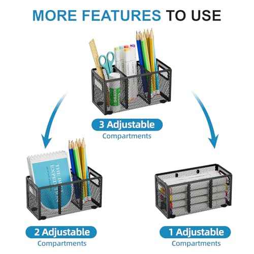 Marbrasse Mesh Pen Holder for Desk,Pencil Holder Desk Organizer 3 Adjustable Compartments,Pencil Cup with Handle Perfect for Classroom, Office, Home,Makeup,Art (Black)