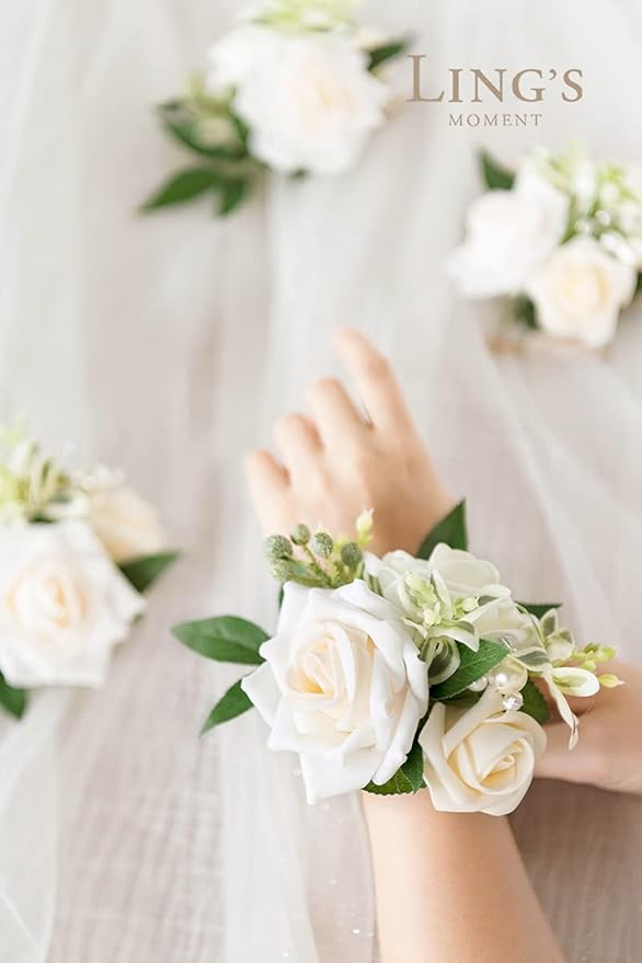 Ling's moment 2pcs Homecoming Wrist Corsage Artificial Flowers, Girl/Mother Corsages Wristlet Décor for Prom/Wedding/Anniversary, etc. White Ivory