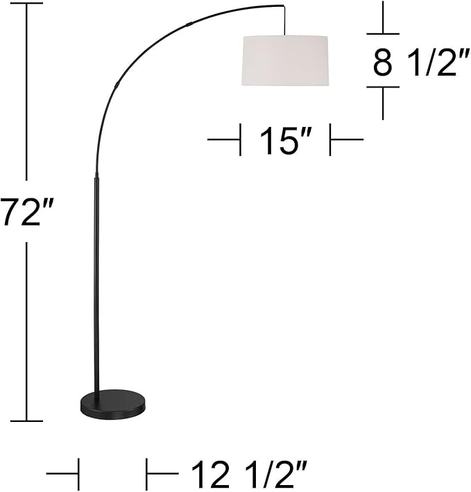 360 Lighting Cora Mid Century Modern Arc Floor Lamp 72" Tall Black Metal White Linen Fabric Drum Shade Decor for Living Room Reading House Bedroom Home Office House