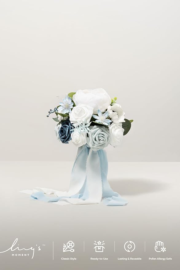 Ling's Moment Artificial Flowers Dusty Blue Bridesmaid Bouquet, Blue & White Wedding Flowers Bouquets for Bridesmaids, 7 Inch Bridal Bouquets for Bridesmaids, Wedding, Ceremony, Anniversary, etc