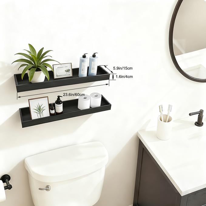 2 Pack 23.6 in Black Floating Shelves for Wall, Wooden Wall Shelves for Bedroom Living Room Kitchen, Modern and Rustic Bathroom Shelves with Raised Lip, Decor Floating Shelf for Storage Display