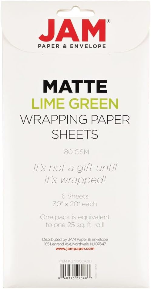 JAM Paper Gift Wrap - Matte Wrapping Paper Sheets - 30" x 20" Per Sheet (25 Sq Ft Total) - Matte Lime Green - 6 Sheets/Pack
