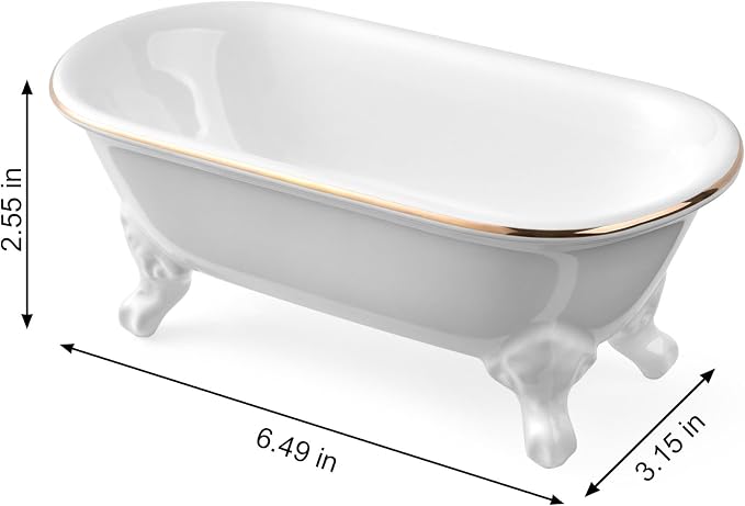 6.5" Ceramic Mini Decorative Clawfoot Bathtub Bar Soap Dish, Kitchen Sponge Holder and Shower Tray for Bathroom, 1 Pack (White Gold Rim)