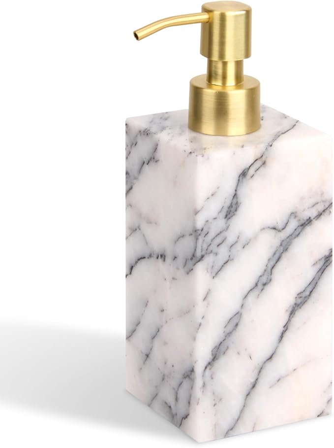 Natural Marble Soap Dispenser for Bathroom and Kitchen Countertop - 5.41 Ounces Hand Lotion and Liquid Stone Shampoo Laundry Bottle with Pump (1, Lilac, Rectangular Bottle)