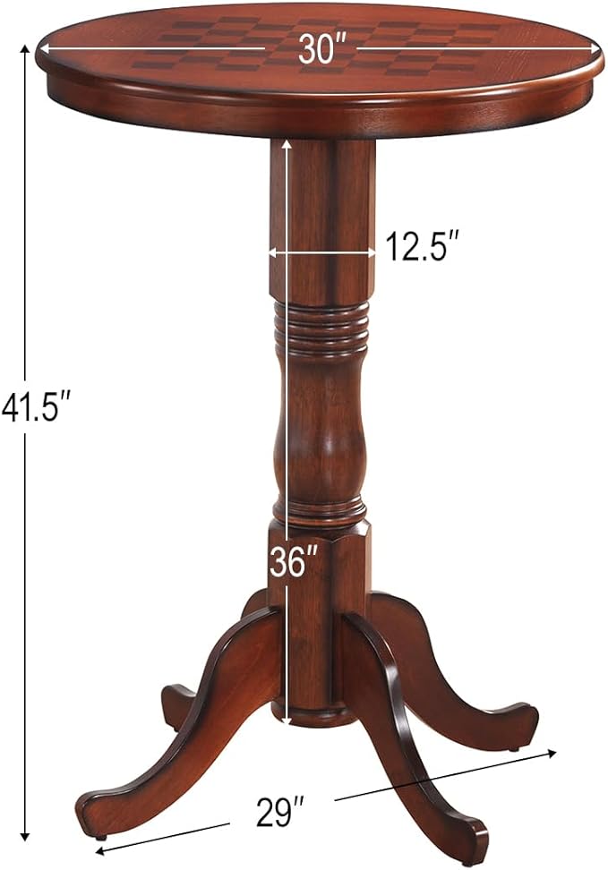 Giantex Round Dining Table, 30" D X 41.5" H, Wooden Pub Pedestal Side Table W/Chessboard, Adjustable Foot Pads, Multi-Purpose Dinner Table for Small Space, Kitchen, Dining Room, Restaurant, Walnut