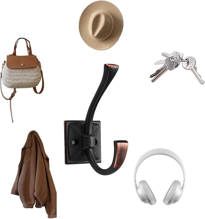 2 Pack Decorative Heavy Duty Towel Hooks for Hanging Robe Double Oil Rubbed Bronze Coat Hooks Wall Mounted with Screws for Key, Towel, Bags, Cup, Hat