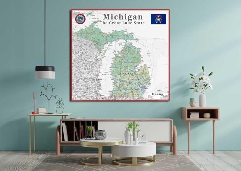 Tiger Moon Michigan State Map - 17.7 x 16.5 Inches, Physical Coated Paper, Blue Ocean Design