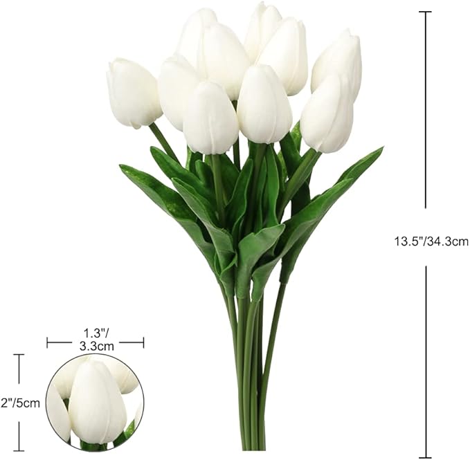 20 Pcs White Tulips Artificial Flowers Real Touch Fake Tulips Fake Flowers for Mother's Day 13.5" Faux Tulips Faux Flowers Bulk Artificial Tulips Flowers for Vase Centerpieces Home Wedding Bouquet