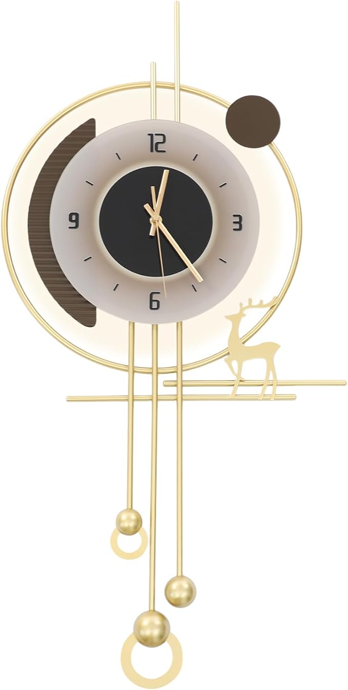 Wall Clock for Living Room, Large Gold Wall Clock with LED Light, Modern Decor Silent Non-Ticking Metal Clock for Living Room, Kitchen, Dining Room, Bedroom, Battery Operated, 15.35 * 31.5in