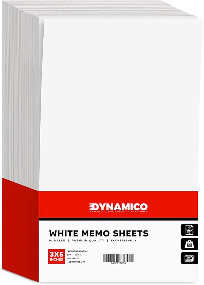 White Memo Sheets Paper – Perfect for Quick Notes, To-Do Lists and Reminders for School, Office and Business | 3 x 5 Inches | 24lb Bond / 60lb Text (90gsm) Paper | 250 Sheets per Pack