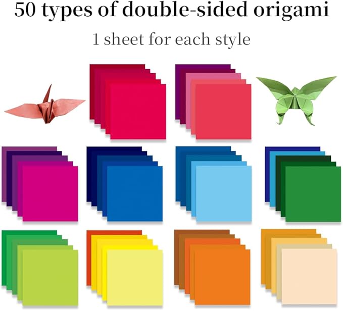 Square Origami Paper 6x6 Double Sided 50 Sheets 50 Colors 70GSM Origami Kit Japanese Chiyo Easy Fold Arts Crafts DIY Handwork Solid Color