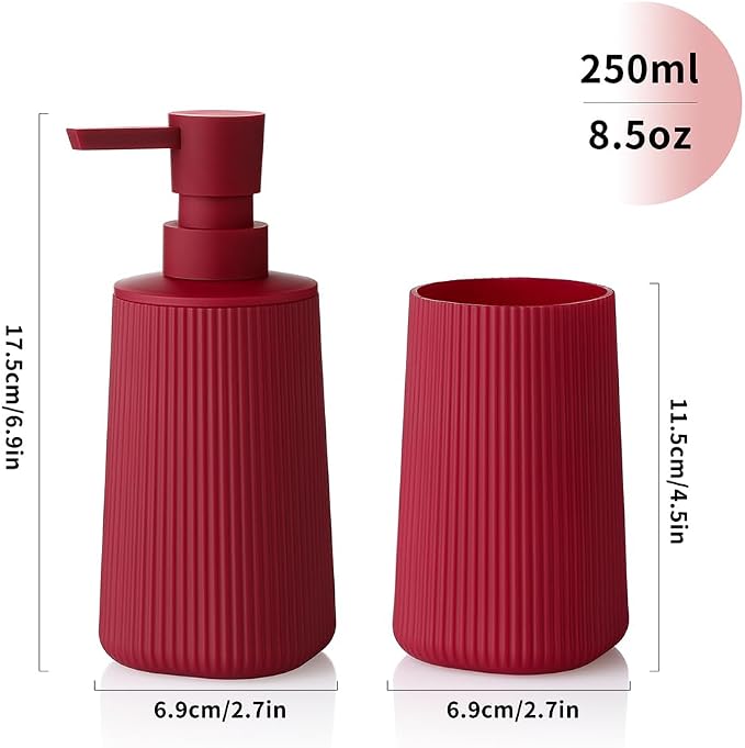 YAUKPH Bathroom Accessories Set 2 Piece Soap Dispenser and Toothbrush Holder for Bathroom Countertop Striped Red