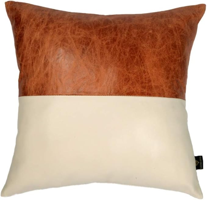 D DOLLY LAMB Lambskin Leather Pillow Cover - Sofa Cushion Case - Decorative Throw Covers for Living Room & Bedroom, 22x22 Inches - Tan & Beige Pack of 2