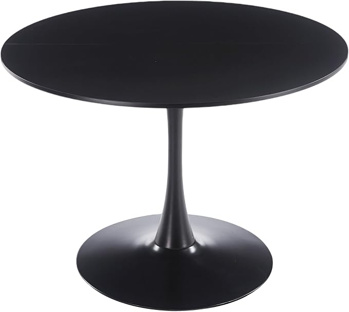 KEIKI 42.1" Round Dining Table, Mid Century Modern Bistro Table with Thickened MDF Tabletop & Metal Pedestal, for 4-6 People, Small Places, Cafe, Kitchen, Living Room, Black