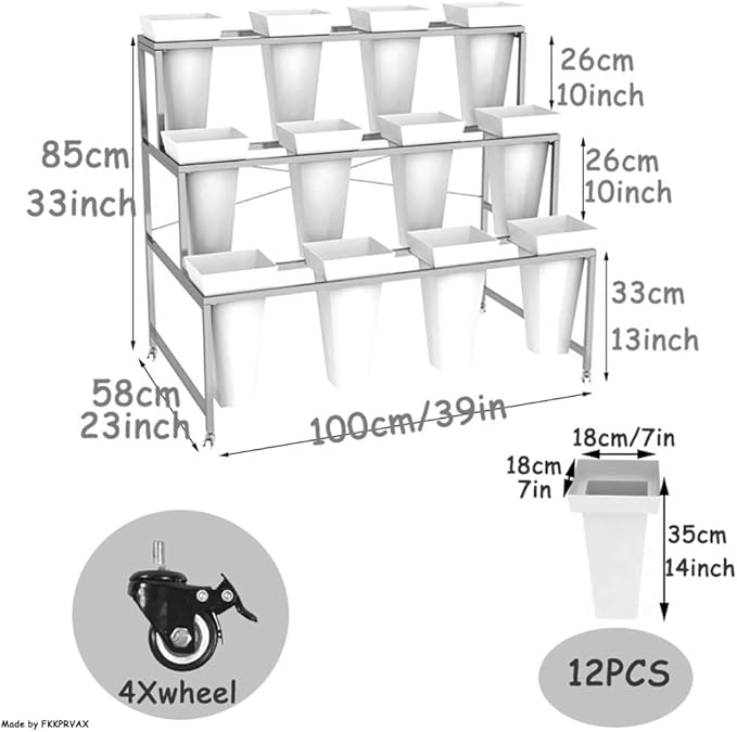 Flower Display Stand with 12pcs Bucket,Heavy Duty Plant Stand with Wheels,33in Tall Flower Cart 3 Tier Flower Shelf for Florist Garden Patio (Gold Shelf Black Bucket)