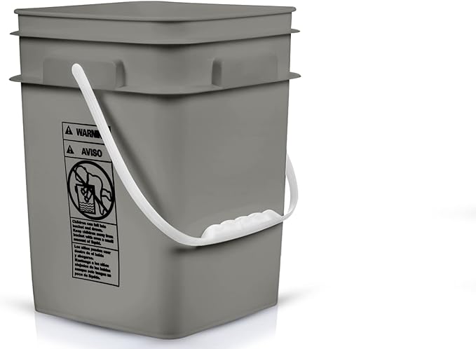 House Naturals 4 Gallon Square Food Grade Plastic Bucket with Lid, Made in USA (Pack of 2) BPA Free (Grey)