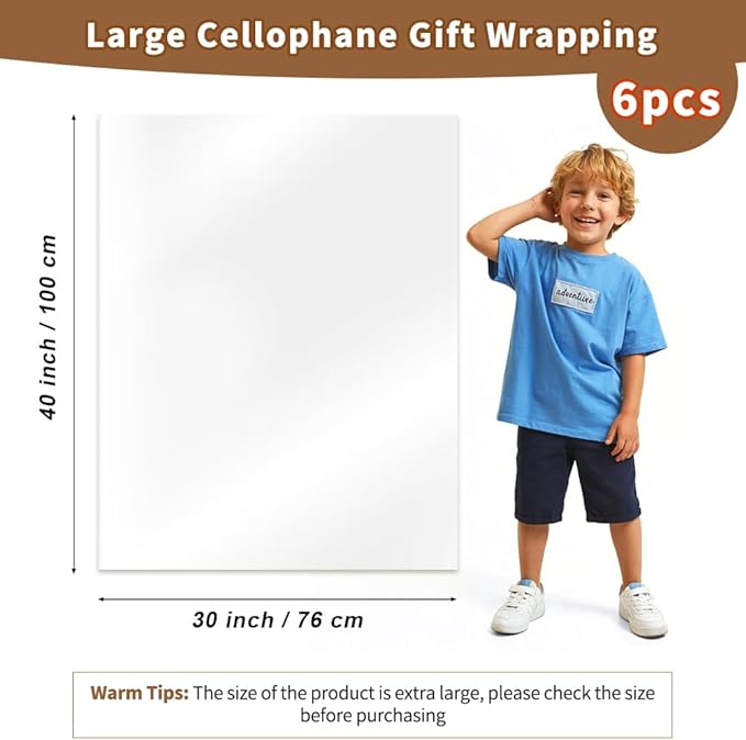 STPIYFZU 6PCS Large Cellophane Bags 30x40 Inch Christmas Clear Cellophane Wrap for Gift Baskets, 2.5 Mil Thick Clear Plastic Gift Bags for Christmas Birthday Baby Shower Wedding Raffles Party Favors