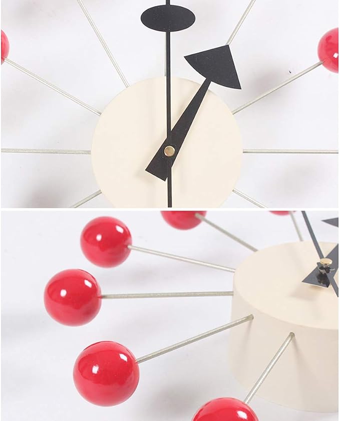SHISEDECO Mid Century Painted Solid Wood Non Ticking Decorative Modern Silent Wall Clocks Retro Design for Home, Kitchen, Living Room, Office etc.,(Ball Clock in Red)