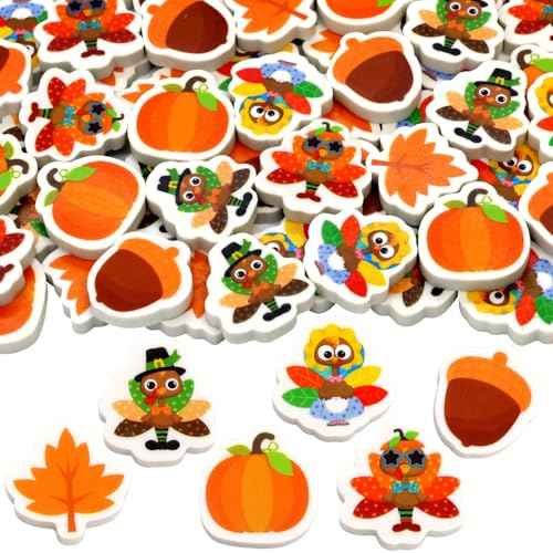 Ceiba Tree 60Pcs Thanksgiving Mini Erasers for Kids Bulk Turkey Maple Leaf Pumpkin Acorn Pencil Erasers Stationery for Student Classroom Prizes Homework Rewards School Supplies Fall Party Favors