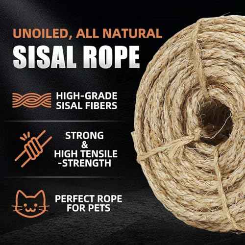 Twisted Sisal Rope 1/4" x 50ft - All Natural Chemical Free, Cat Tree Rope Twine for Scratching Post Repair, Replacement, and Crafts Gardening Home Decorating