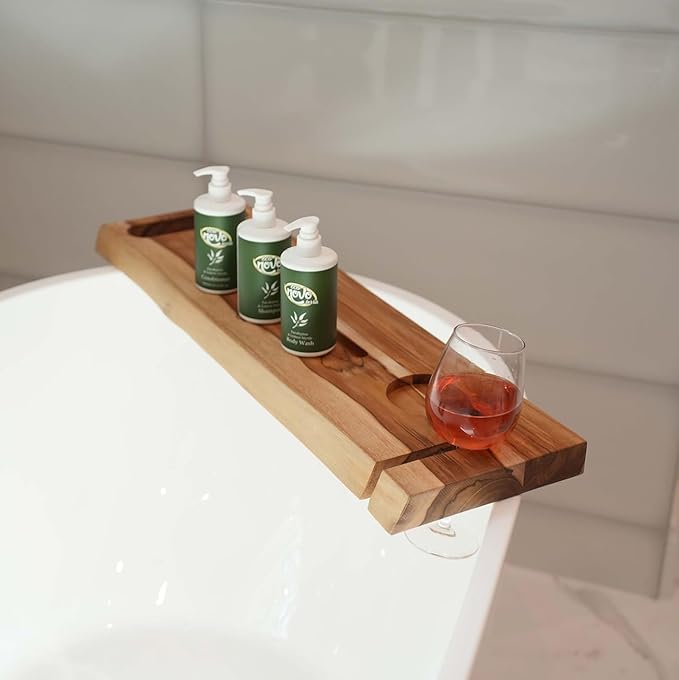 EcoDecors Eleganto 30" Live Edge Solid Teak Bath Caddy Tray with Handle, Book & Tablet Holder, Wine Glass Holders, Luxury Bathtub Tray