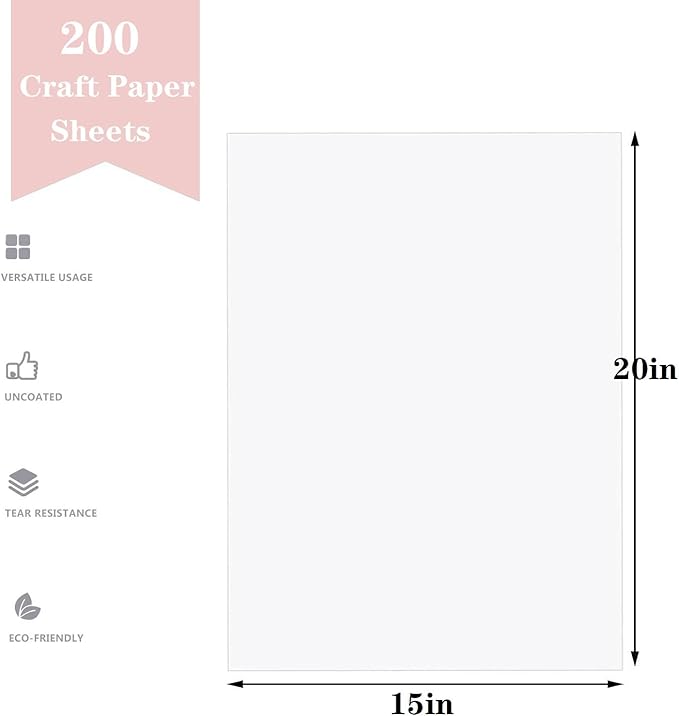 15”x 20”Kraft Paper Sheets Bulk White Paper, Large Craft Paper for Arts, Drawing, DIY Projects, White Wrapping for Gift Shipping Packaging 200 Sheets
