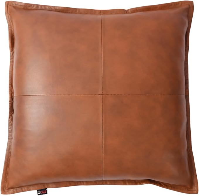 D DOLLY LAMB Lambskin Leather Pillow Cover - Sofa Cushion Case - Decorative Throw Covers for Living Room & Bedroom, 20x20 Inches - Dark Tan Box