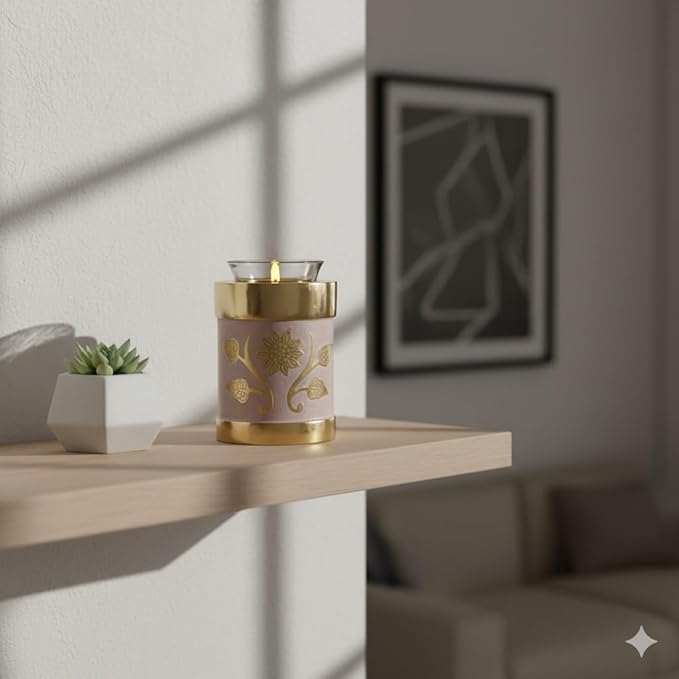 Pink Garden Brass Tealight Cremation Urn | Unique Brass Funeral Urn with Gold & Pink Enamel Details | Tealight
