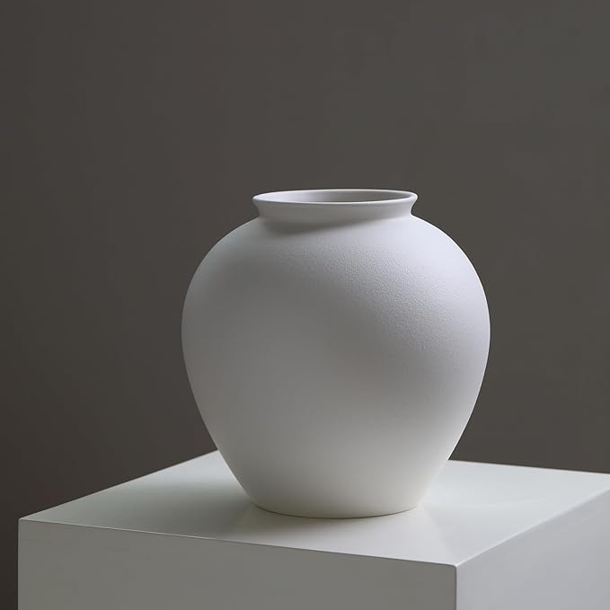Large Matte White Ceramic Flower vase, Modern Centerpiece Table Decorations,Round Shape Rustic Ceramic vases for Home Decor Dining Room Decorative Jar (White, 0617)