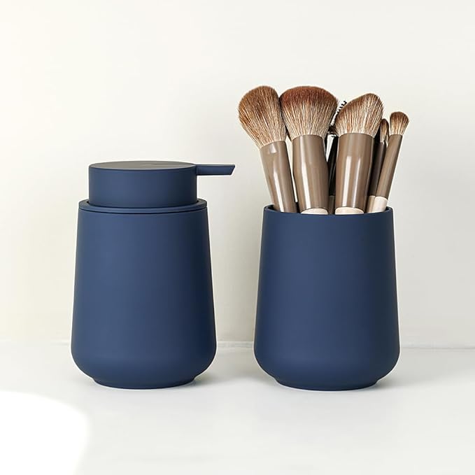YAUKPH Matte Blue Bathroom Accessories 2 Piece Set Plastic Soap Dispenser and Toothbrush Holder for Modern Bathroom Decor