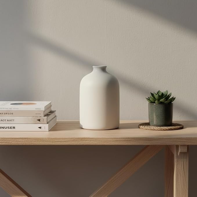 White Ceramic Vase - 7 Inch Tall - Large, Minimalist Modern Home Decor, Decorative Object - Centerpiece, Coffee Table, Living Room, Bookshelf, Office, Entryway, Console, Wedding, Flowers, Olive Plant