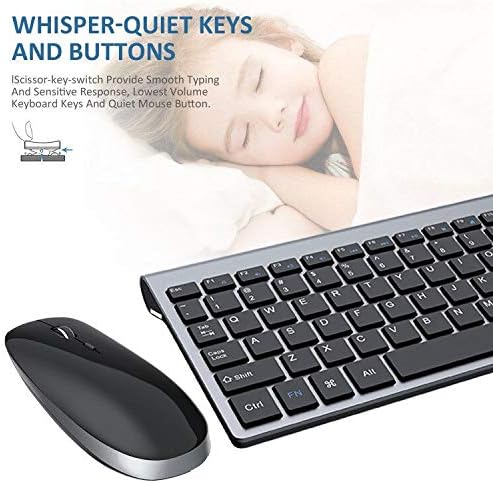 FENIFOX Keyboard and Mouse Wireless, USB 2.4GHz Combo Silent Quiet Low Profile Compact Full Size Flat Slim Thin Portable with Number Pad Soft Cover for PC Laptop Computer Office - Black & Grey