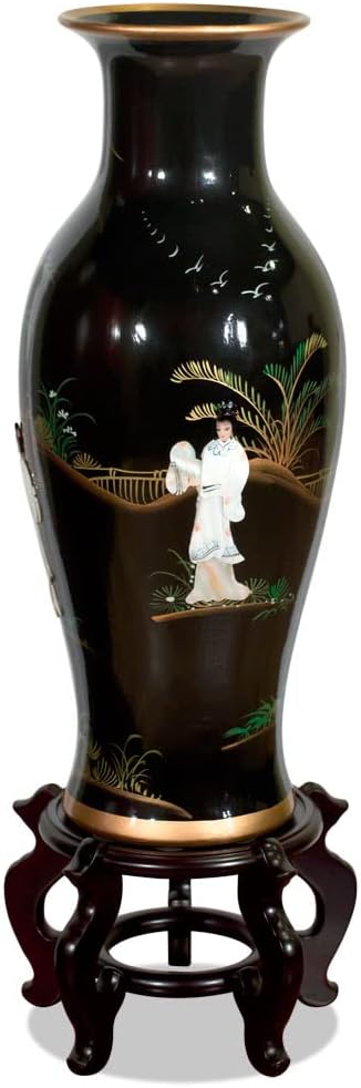 China Furniture Online 24 Inch Black Lacquer Mother of Pearl Oriental Porcelain Vase