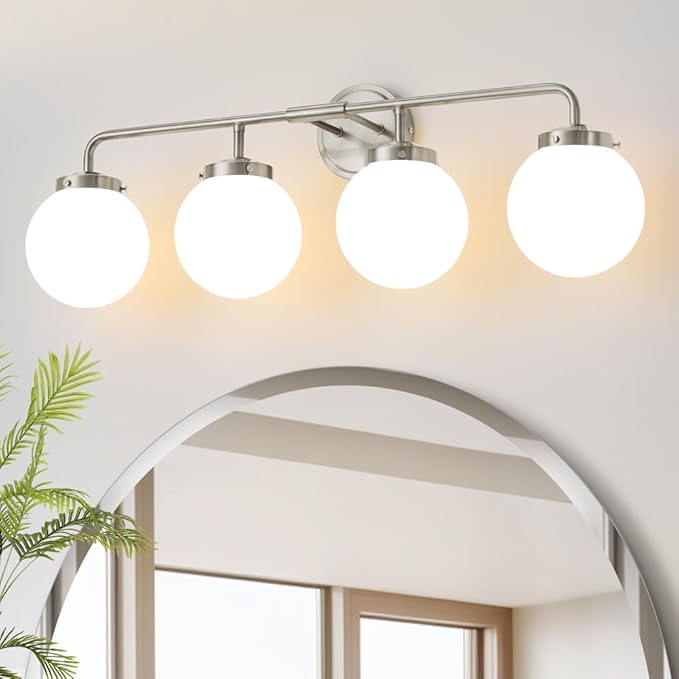 Bathroom Light Fixtures Over Mirror, Brushed Nickel Modern Vanity Lighting with Milk White Glass Globe Shades 4-Light Farmhouse Wall Sconce