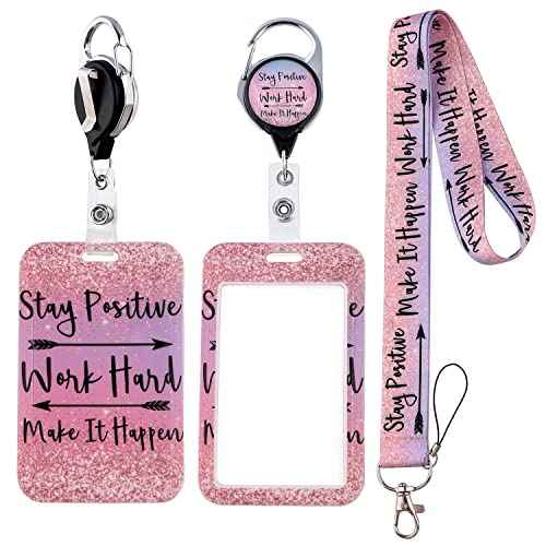 Cute Lanyard with ID Holder Pink Case and Retractable Badge Reel Clip, Glitter Arrow Motivational Keychain Key Lanyard for Women Work Nametag Teacher