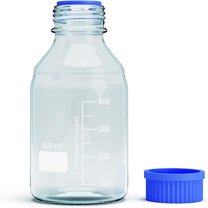 500ML Storage Glass Bottles – 2pcs Round Media Storage Bottle – Borosilicate Glass Bottles – Safe Probe Storage Glass Storage Bottles with GL45 Blue Screw Cap (500ml - 2pcs)