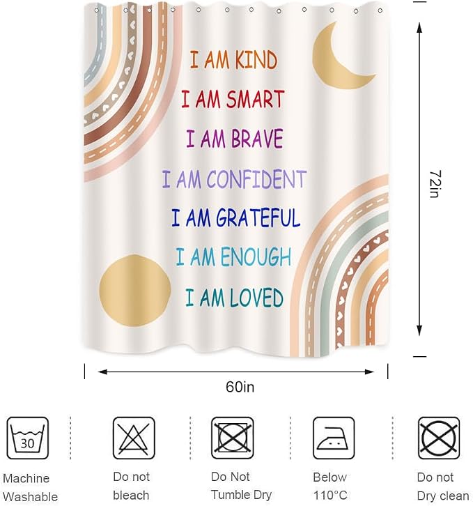 Boho Rainbow Quotes Shower Curtain Colorful Inspirational Positive Kids Teen Girls Abstract Moon Sun Fabric Home Bathroom Decor Waterproof Fabric 72Lx60W Inch with Plastic 12PCS Hooks