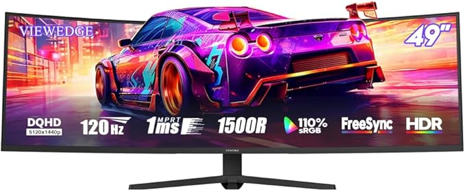 Viewedge 49" Curved Monitor Ultrawide Gaming 120Hz 1ms 32:9 DQHD 5120 x 1440P Computer Monitor, R1500, 110% sRGB, DisplayPort, HDMI,Support Crosshair and Wall Mount