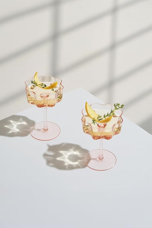 Khen Flower Vintage Wavy Petals Wave Glass Coupes 7oz Colorful Martini, Champagne & Cocktails - 2 Set - Rippled & Champagne Glasses, Bar Glassware Copyright Design (Pink)