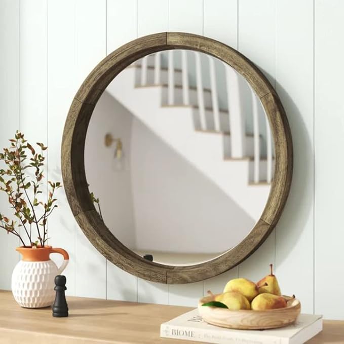 Handcrafted Decorative Pure Wooden Mirror for Wall Décor (28 inches, Natural Brown)