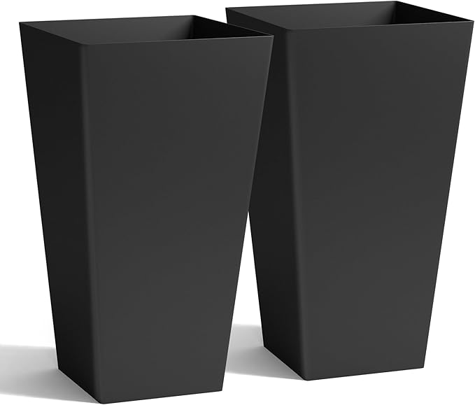 Worth Garden 20" Tall Planters Set of 2 – Large Black Tapered Plastic Flower Pots for Indoor & Outdoor Use – Modern Plant Containers with Drainage Holes – Ideal for Front Porch, Patio, Balcony