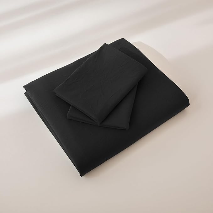 JIYUAN 100% Washed Cotton Duvet Cover Set 3 Pieces Queen, 1 Duvet Cover 90x90 Inches(Comforter Not Included) and 2 Pillowcases,Linen Feel Bedding Set Comfy and Breathable,Black