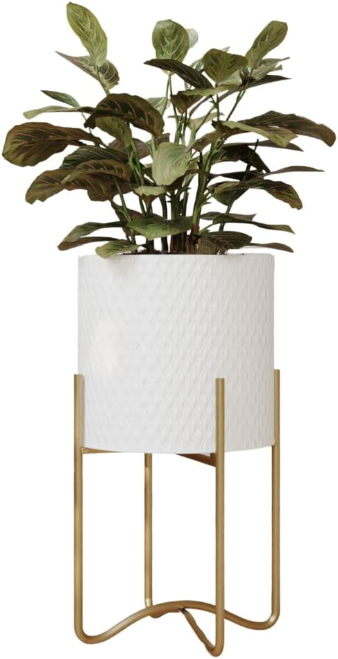 EverNest Claire Mid-Century Modern White Plant Pot with Ambrose Stand, SelectBase, Indoor Plant Pot, Bohemian Style, Minimalist Plant Home Décor (Small, Gold)