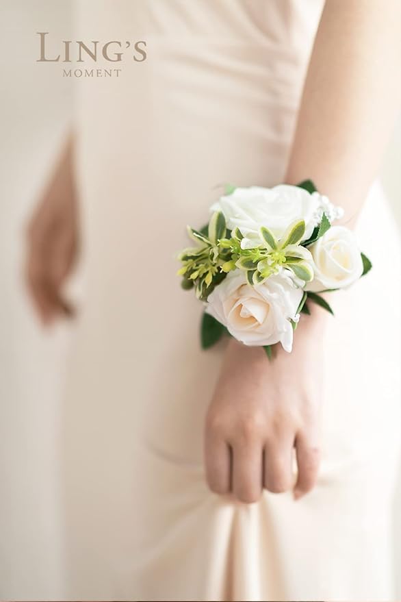 Ling's moment 2pcs Homecoming Wrist Corsage Artificial Flowers, Girl/Mother Corsages Wristlet Décor for Prom/Wedding/Anniversary, etc. White Ivory