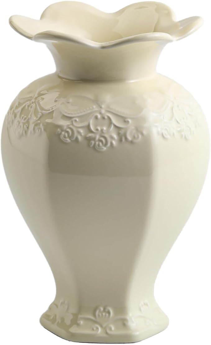 Relievo Elegant White Cream 8in 11in Ceramic Flower Tall Aesthetic Beige Table Tulip Wide Mouth Rose Filler Decorative Rustic Vase Decor for Home (Cream Vase, M)