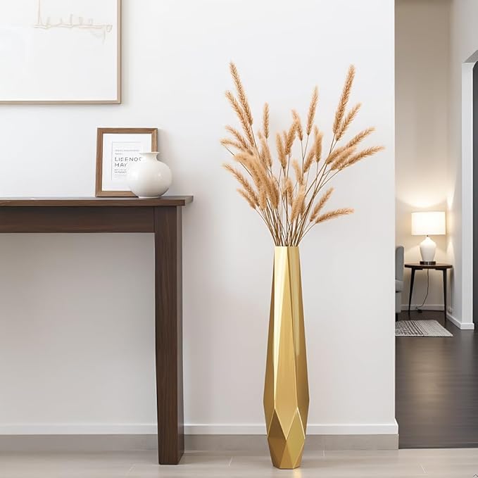 Tall Vases - 27.5" Tall Floor Vase for Home Decor, Resin Floor Vase with Handmade Dimensional Geometric Style, Fits Into Hay/Pampas Grass, Boho Living Room Decor (Gold)