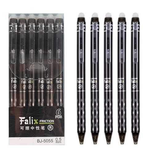 6 Pcs Erasable Gel Ink Retractable Pens - 0.5mm Fine Point, Black Ink, Smooth Writing for Office, School, Women, Men, Girls, Boys