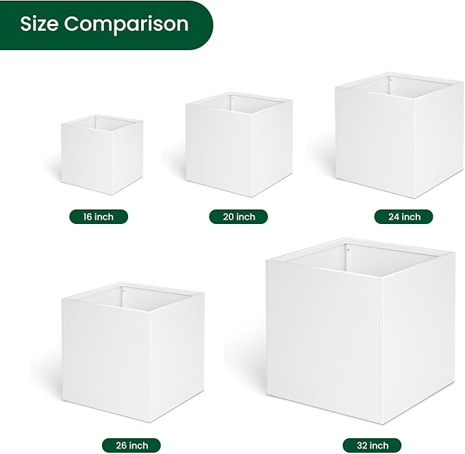 White Steel Planter Square Outdoor Planters Galvanized Steel Planter Box 24 Inch Indoor Metal Large Planters Cube Heavy Duty Flower Pot Modern Commercial Residential for Trees Patio Yard Garden